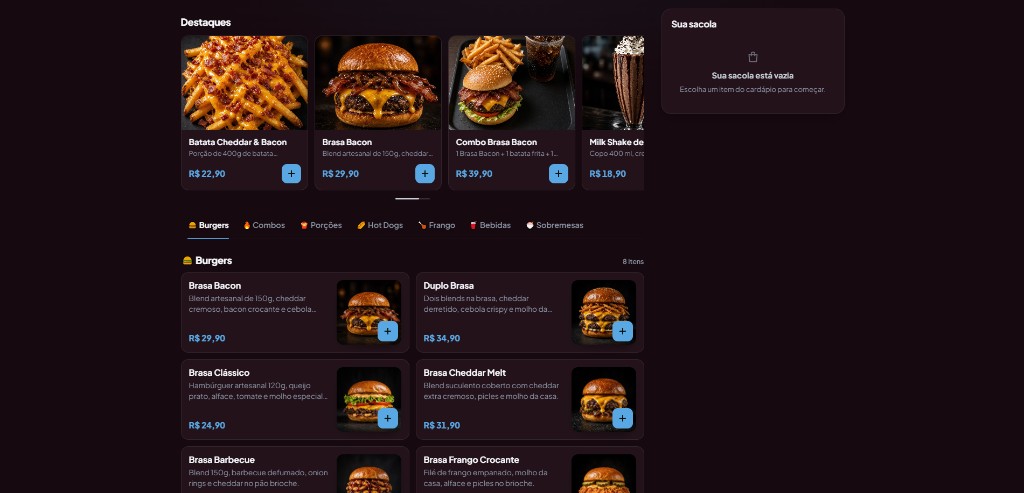 Cardápio com destaques, categorias, preços e a sacola do cliente